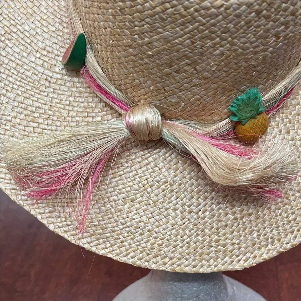 Woven Straw Hat with Fruit Details, Wide Brim Perfect for a Hot Day at the Beach